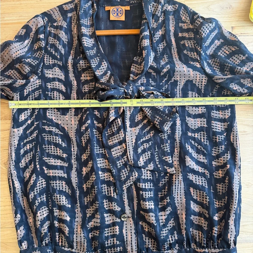 Tory Burch Silk Blend Printed Tie Neck Blouse Black Brown Size 12